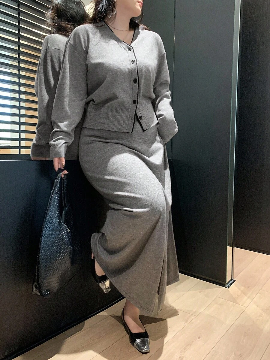 Dazy Plus 2pcs V-Neck Cardigan Top And Elastic Waist Skirt Knit Suit, Plus Size, Autumn