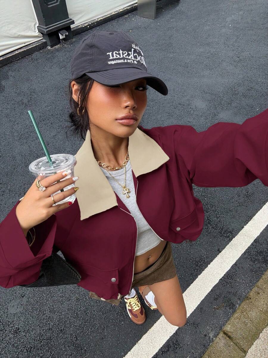 SHEIN EZwear 卡其色超大口袋翻领短款夹克，秋季新品 - 酒紅色 - 查看 1