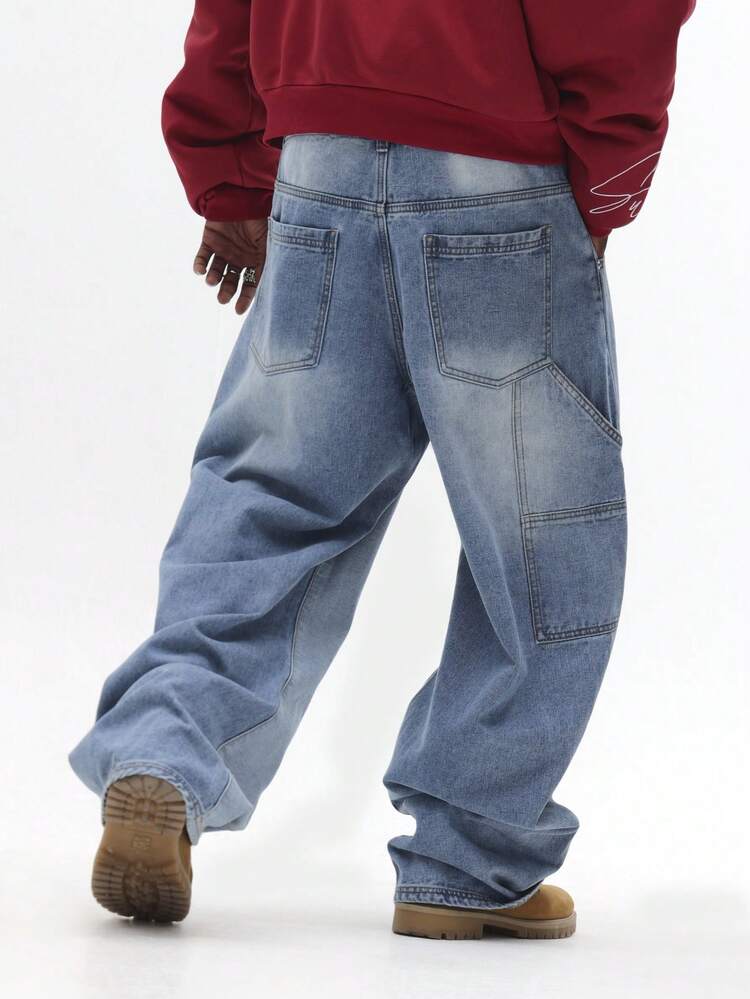 Wide Leg Vintage Wash Denim Jeans With Utility Pockets