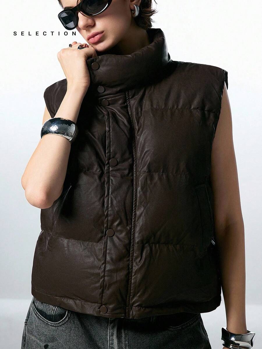 LYSMO SELECTION 2025 New Minimalism Dark Brown Autumn Casual Occasion Women Solid Color Sleeveless Stand Collar Winter Coat Warm Stockholm Style Streetwear - Brown - View 1