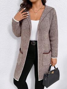 EMERY ROSE Plus Size Fashionable High-End Jacquard Contrast Color Wool Cardigan - Coffee Brown - View 1