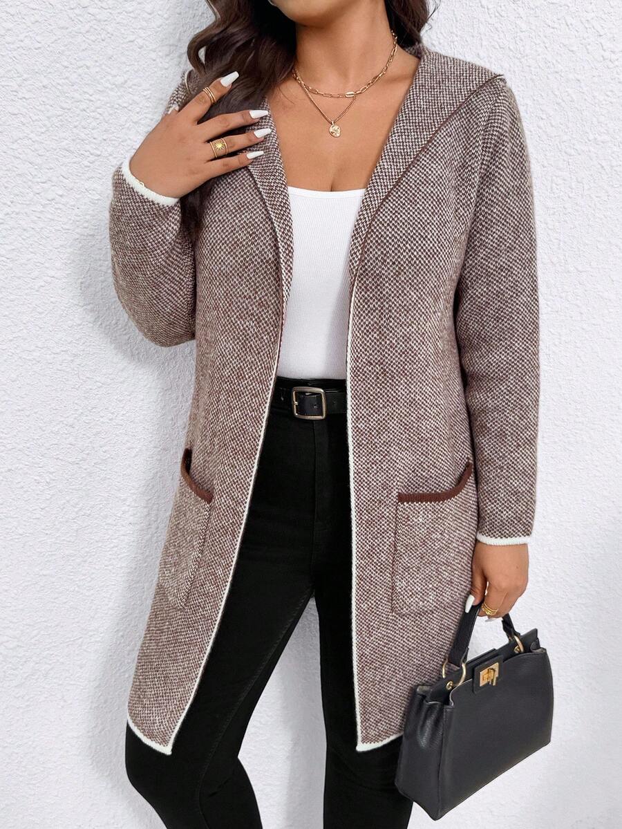 EMERY ROSE Plus Size Fashionable High-End Jacquard Contrast Color Wool Cardigan - Coffee Brown - View 1