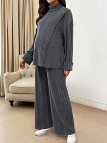 SHEIN 2 件孕妇秋季罗纹高领落肩上衣和可调节腰部裤子休闲套装 Co Ords 套装女士两件套女士舒适 2 件套休闲套装女士感恩节 Ghostface 孕妇装两件套装舒适两件套灰色 - 深灰色 - 查看 9