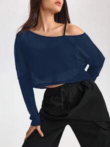 With My Calm 女式宽松蝙蝠袖露肩健身跑步户外运动T恤 - 藏蓝色 - 查看 4