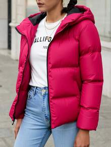 EURMUSE Zip Up Hooded Puffer Coat - Red - View 4
