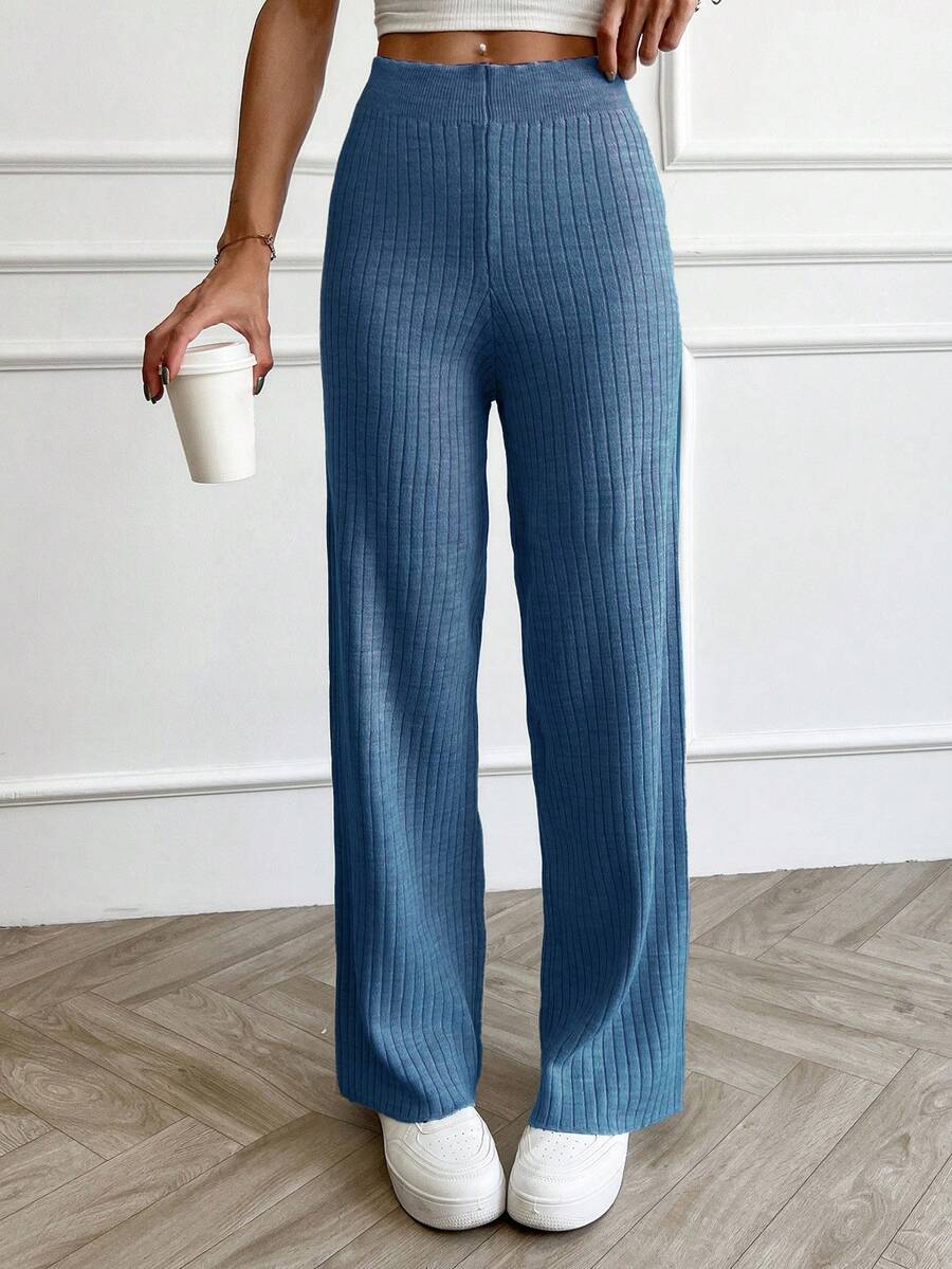 Women's Rib Knitted Straight High Waist Knit Pant - Blue - View 1