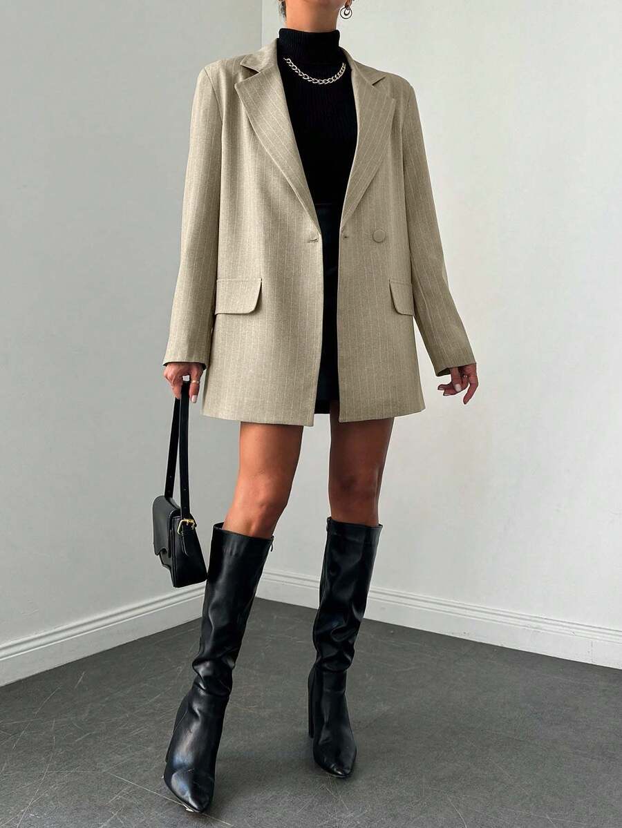 EURMUSE Women's Striped Print Lapel Collar Casual Blazer Jacket, Suitable For Work And Commute, Spring/Autumn - Beige - View 1