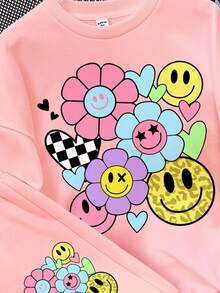 SHEIN Leap Crew Tween Girl 2pcs/Set Smiling Face, Leopard Print, Heart, Floral Pattern Autumn Casual Loose Fit Crew Neck Thick Sweatshirt & Pants Outfit - Pink - View 3