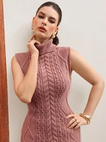 Modelyn Elegantes Damen-Strickkleid mit Zopfmuster, Rollkragen und Fransen-Saum, ärmellos - Pink - Übersicht 8