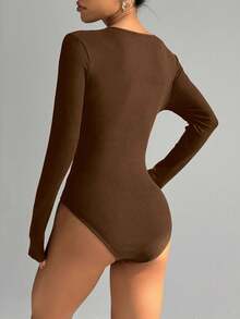 Flirla Women's Autumn/Winter Comfortable Fitted Metal Button Ribbed Knit Bodysuit - Brown - View 2