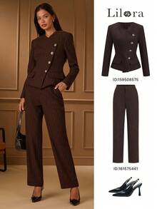 Lilora Women's Striped Single-Breasted Casual/Work Blazer Jacket Pinstripe Suit Woman Suit Blazer Suits For Women In Fall/Winter Fall Clothes For Women Elegant And Dignified Officework,Events,Daily,Vacation - Coffee Brown - View 6