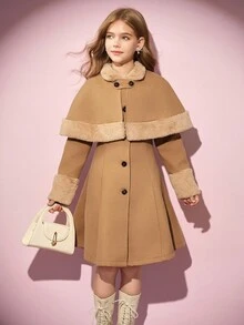 Tween Girls' Vintage Princess Dress, Autumn/Winter Double-Breasted Double-Sided Hooded Cloak Poncho Midi Overcoat Jacket Fall