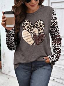 EMERY ROSE Women's Plus Size Casual Heart & Leopard Print Round Neck Long Sleeve T-Shirt Fall - White - View 1