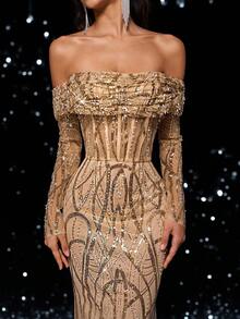 Glamrae 女士礼服和晚礼服，秋季连衣裙 - 香檳色 - 查看 3