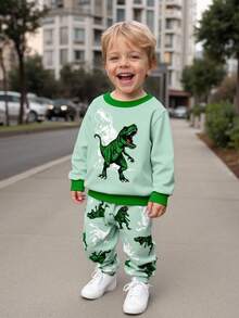 2 Stücke Baby Jungen Lässiges, cooles Dinosaurier-Muster Sweatshirt und Hose Set, geeignet für Herbst/Winter