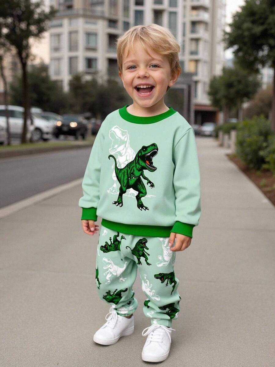 2 Stücke Baby Jungen Lässiges, cooles Dinosaurier-Muster Sweatshirt und Hose Set, geeignet für Herbst/Winter