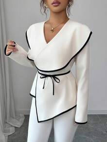 Elenzga Women's Cross V-Neck Long Sleeve Fitted Waist Tie-Up Contrast Color Splice Elegant Blouse