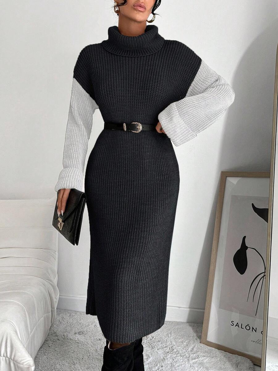 EURMUSE Women's Autumn/Winter Contrast Color Turtleneck Drop Shoulder Long Sleeve Fitted Knit Dress - Grey - View 1