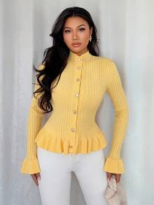 Rafferiza Women's Soft Yellow Cardigan,Autumn Elegant Tea Party Turtleneck Long Sleeve Ruffle Trim Fitted Button-Front Casual Commuting Business Office Daily - Yellow - View 6