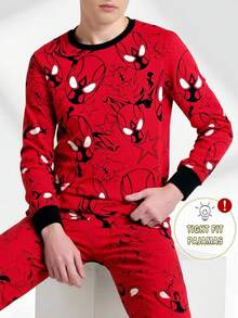 2 piezas Conjunto de pijama de manga larga con cuello redondo, ajuste ceñido, con estampado gráfico navideño y ribete de contraste para niños preadolescentes, otoño - Rojo - Ver 3