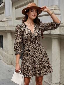 EURMUSE Leopard Print Surplice Neck Lantern Sleeve Dress - Apricot - View 4