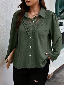 EMERY ROSE Plus Size Women's Contrast Lace Puff Sleeve Single-Breasted Casual Shirt - Army Green - View 3
