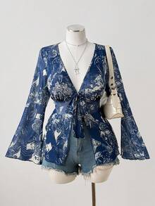 Sunspun Áo crop top tay dài dáng rộng cổ chữ V in họa tiết hoa màu xanh phong cách Bohemian, size lớn - Màu xanh lam - Xem 1