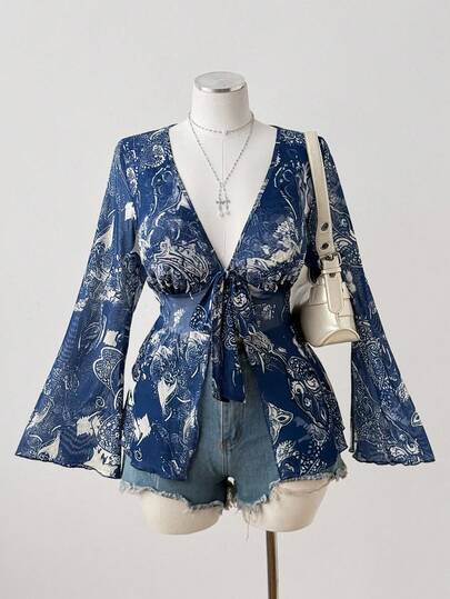 Sunspun V领蝴蝶结前襟蓝色花卉印花波西米亚风宽松短款长袖上衣，大码