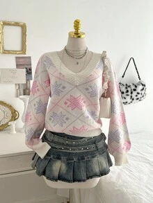 Elamini 宽松时尚女士雪花圣诞毛衣 - 彩色 - 查看 3