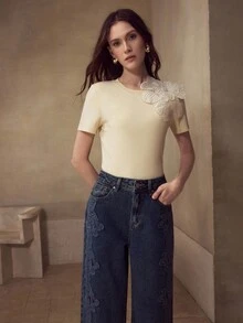 MOTF PREMIUM WOMEN'S ELEGANT MINIMALIST LACE PATCHWORK JEANS - Blue - View 5