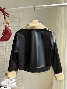 SHEIN 青少年女孩休闲街头赛车手摩托车 PU 皮夹克，保暖衬里，适合搭配皮裤、长裤、迷你裙、连衣裙