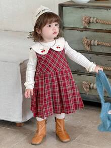 DAZY Baby Girls' Plaid Casual Korean Style Cartoon Fruit Embroidery Peter Pan Collar Mid-Length Dress Christmas - Burgundy - View 6
