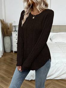 EMERY ROSE Women's Elegant Cable Pattern Crew Neck Long Sleeve Sweater, Autumn/Winter - Brown - View 4