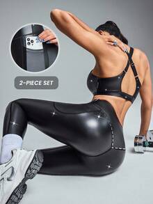 Innovista Woman Luxury Natural Tone Glossy Sports Sets Sophisticated Design Workout Clothes Athletic Outfits Training Breathable Active Crop Top Bra With Leggings Phone Card Pocket Bottom Metallic Two Pieces Daily Yoga Cycle Biker HIIT Office To Court Brunch To Gym Function Athleisure, Women Athletic Set