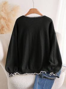CosyJoli Plus Size Elegant French Romantic Dog Tooth Trim Solid Color Casual Commute Vacation Fashion Knit Cardigan Sweater Top For Women/Winter - Black and White - View 2