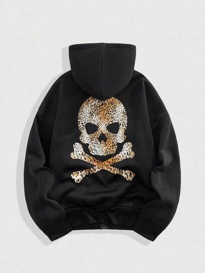 ROMWE MEN Goth Men's Casual Leopard Print Skull Graphic Hoodie Sweatshirt, Autumn/Winter
