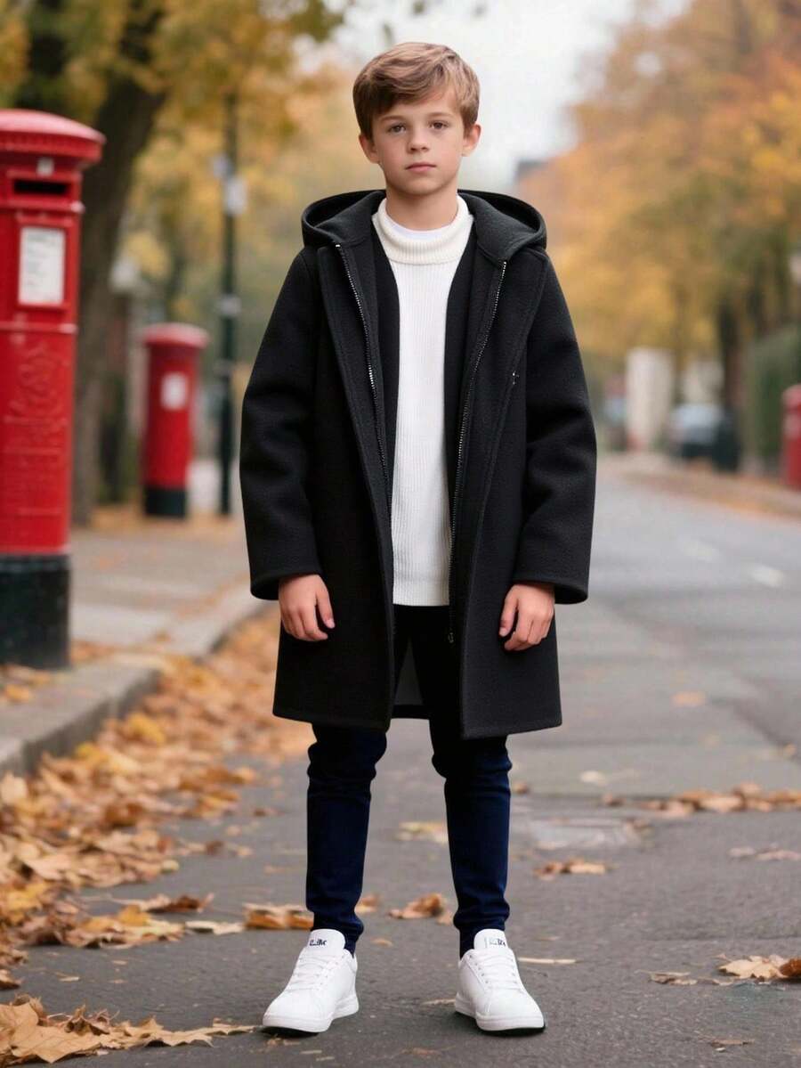 SHEIN 男童休闲日常舒适连帽开襟长袖宽松中长款外套，适合生日派对、晚宴、演出、婚礼、洗礼、开幕式等场合，日常穿着舒适，适合上学、旅行、运动，秋冬季节也适宜穿着。