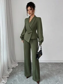 Elenzga 女士优雅休闲通勤度假下午茶会纯色不对称交叉领西装外套灯笼袖衬衫袖口衬衫松紧腰 A 字喇叭裤套装，适合春秋冬 - 軍綠色 - 查看 6