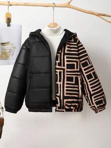 SHEIN Tween 女童宽松休闲简约舒适立领拼接撞色加厚棉服外套，秋冬 - 黑色 - 查看 1