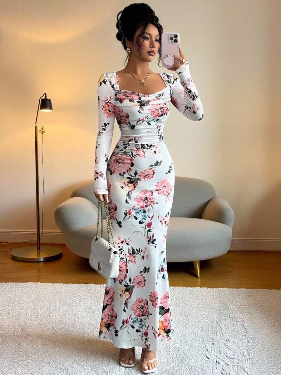Elenzga 女式优雅花卉印花鱼尾下摆连衣裙，秋季 - 彩色 - 查看 1