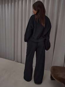 MUSERA Wide Leg Elasticated Waist Jogger Trouser Bottom Only Streetwear Classy Casual Sexy Going Out Fall Autumn Toffee Winter Party - Black - View 2