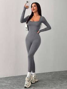 SHEIN PETITE 黑色针织方领紧身休闲运动瑜伽连体裤 - 灰色 - 查看 5