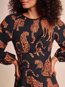 CAJUNI Damen Lässig Urlaubs Schwarzer Leoparden Muster Langes Kleid - Herbst Langarm - Ballonärmel - Ausgehoutfit - Halloween - Konzert