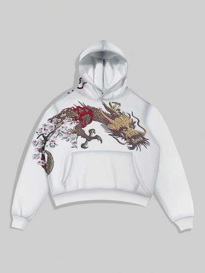 Street Life Herren modischer Streetstyle Hoodie mit Chinesischem Drachen- und Kirschblütenmuster auf der Tasche, Herbst