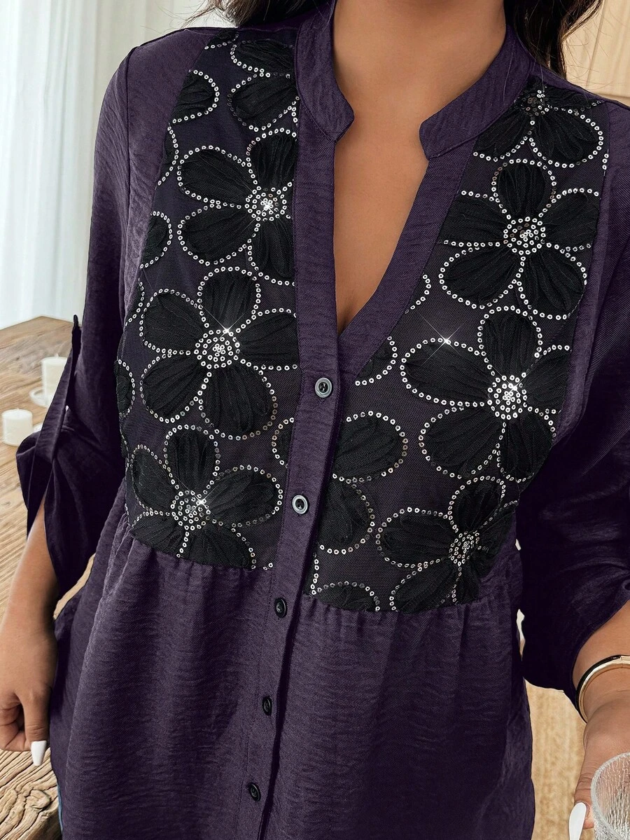 Weeklong Camisa de talla grande con bloqueo de color, lentejuelas, estampado floral y parches de malla para uso diario - Morado - Ver 1