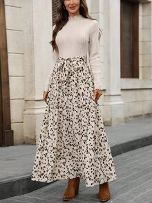 EMERY ROSE 女式立领长袖印花下摆休闲连衣裙 - 杏色 - 查看 3