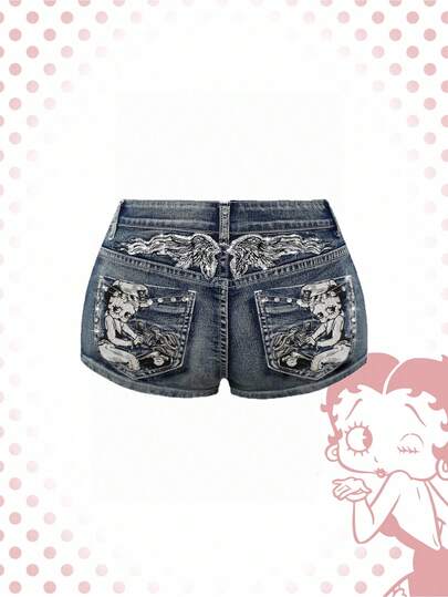 Betty Boop | ROMWE Pantaloncini di jeans vintage ricamati con figure del millennio, taglie comode