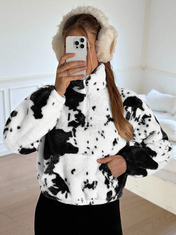 CovetEZ Women's Casual Fleece Sweatshirt With Black And White Animal Print Autumn Winter Clothes For Women Jacket Y2k Hoodies Y2k Women Winter Clothes Cow Print Clothes Women