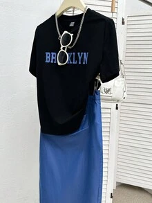 Modelyn 2件套女士休闲字母T恤和迷你裙 - 彩色 - 查看 4