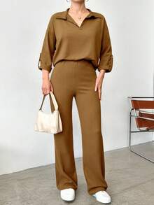 EURMUSE Frühling Und Sommer Frauen Casual Zwei Stück Set, Einschließlich Roll-manschette Einfarbig Lose Passform Shirt Und Hose - Beige - Übersicht 5